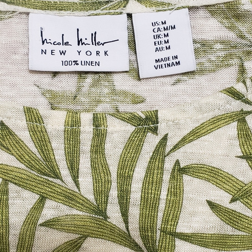 Nicole Miller 100% Linen Palm Leaf Print Cap Sleeve Button Detail Top Green M - Picture 5 of 10